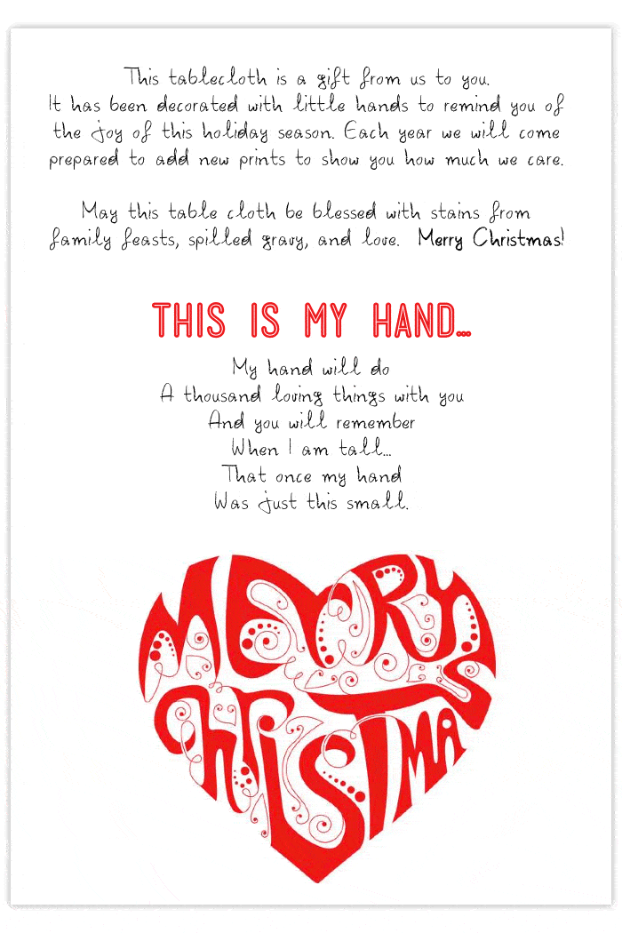 {DIY Holiday Hand-print Tablecloth} Adorable poem printable...