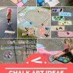 A collage of chalk art ideas for kids including a mosaic chalk heart, stencils, games, and more.