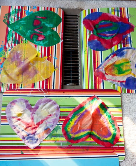 Simple art project with items from around the house. *Love these heart sun catchers!