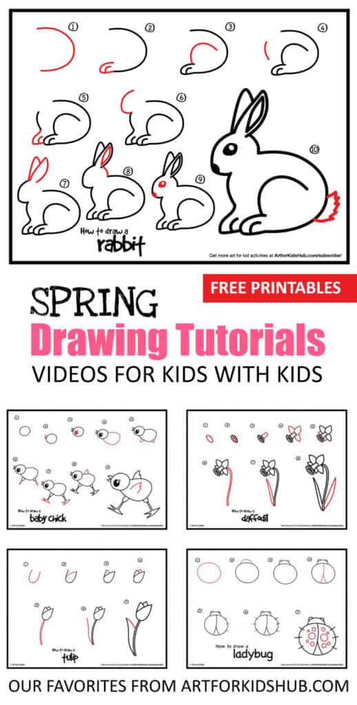 5 Spring Drawing Tutorials For Kids With Kids: Learn to draw bunny rabbits, ladybugs, butterflies, baby chicks and spring flowers. *Love these video tutorials and printables