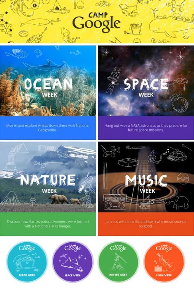  Google has brought together Khan Academy, National Geographic, National Parks, and NASA to launch Camp Google: a free, four-week online camp for kids 7-10, filled with fun science activities and exploration. Talk about an awesome collaboration! Wow.