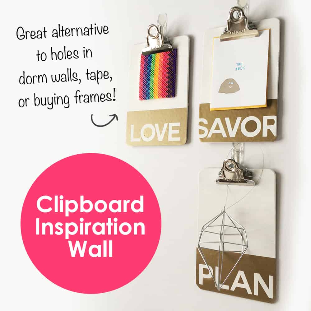 This clipboard inspiration wall is perfect for teen bedrooms and college dorms *I love how they use temporary hooks with this clipboard gallery, so there are no nail holes in the wall
