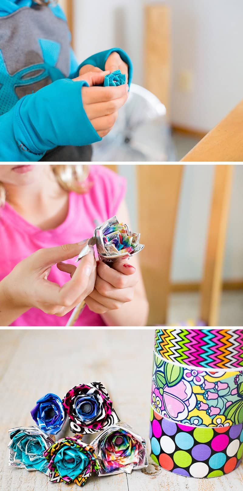 DIY Duct Tape Flower Pens — An Easy Video Tutorial for Kids by Kids *I never knew this was so simple. Saving this YouTube tutorial for the kids to do. Love that they have photo and video steps.