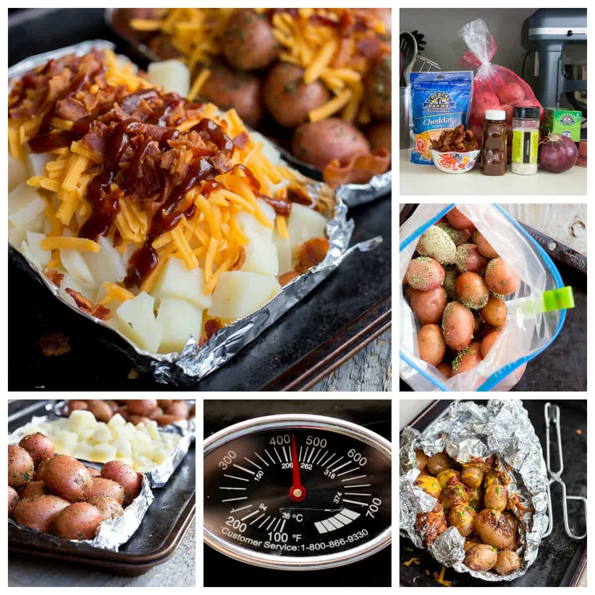 Cheddar Bacon Potato Bundles: Chopped red potatoes topped with pepper, spicy BBQ sauce, a mound of shredded cheese and bacon.. You have to make these crazy-easy grilled potato bundles this summer. These foil wrapped potato packets are super simple and delicious. Perfect for camping or just a quick family dinner. *Saving this for later!