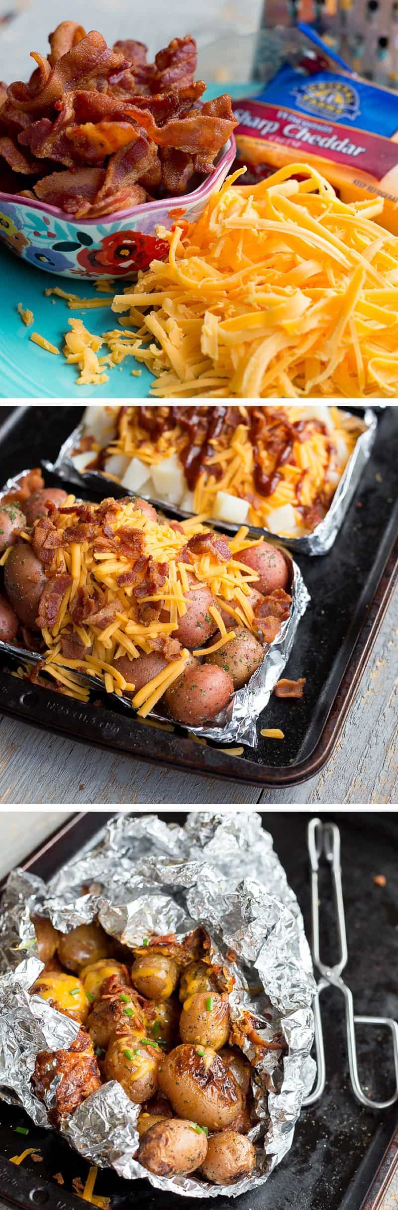 Loaded Potato Foil Packets — New potatoes covered in seasoned salt, melted butter, sharp cheddar cheese, topped with fresh bacon crumbles and served with a side of sour cream. You have to make these crazy-easy grilled potato bundles this summer. These foil wrapped potato packets are super simple and delicious. Perfect for camping or just a quick family dinner. *Saving this for later!
