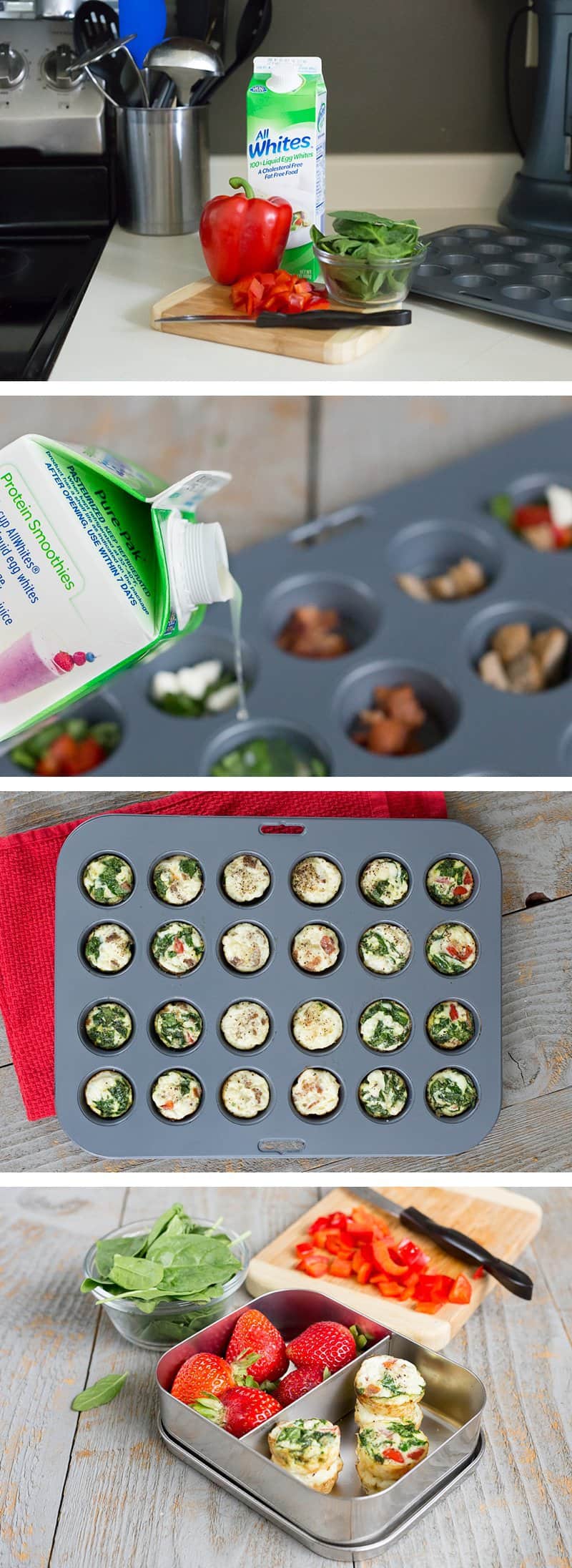 This healthy Red Pepper & Spinach Egg White Muffins recipe is packed full of protein, gluten-free, paleo-friendly and a quick on-the-go breakfast snack. You can make one batch to last a full week. *Insanely easy way to start your day with eggs