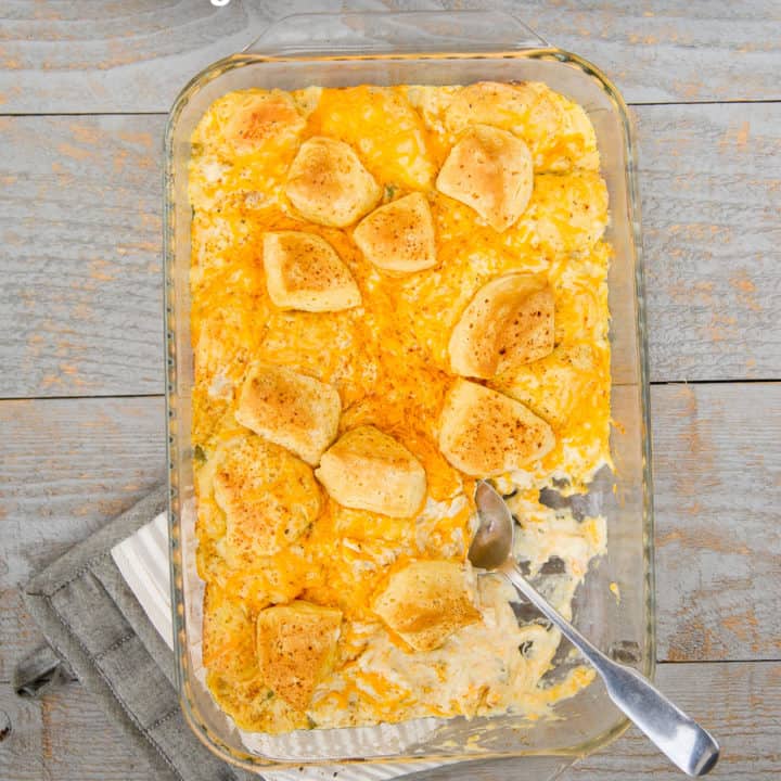 This cheddar ranch chicken bubble-up casserole is SO GOOD. If you’re pinched for time, keep this 30-minute cheesy chicken biscuit casserole simple with just 5 ingredients. This quick and easy chicken bake uses cream of chicken soup and sour cream, so it is amazingly creamy. You can also make it into a chicken pot pie casserole by adding canned carrots, peas and potatoes. *This is a keeper! My kids love it.
