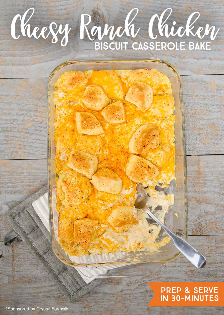 This cheddar ranch-chicken bubble-up casserole is SO GOOD. If you’re pinched for time, keep this 30-minute cheesy chicken biscuit casserole simple with just 5 ingredients. This quick and easy chicken bake uses cream of chicken soup and sour cream, so it is amazingly creamy. You can also make it into a chicken pot pie casserole by adding canned carrots, peas and potatoes. *This is a keeper! My kids love it.