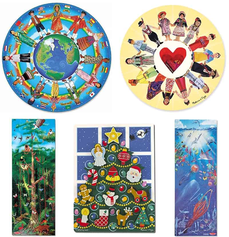 A collage of Melissa & Doug floor puzzles that would work for the Hot Mitts family Christmas game.