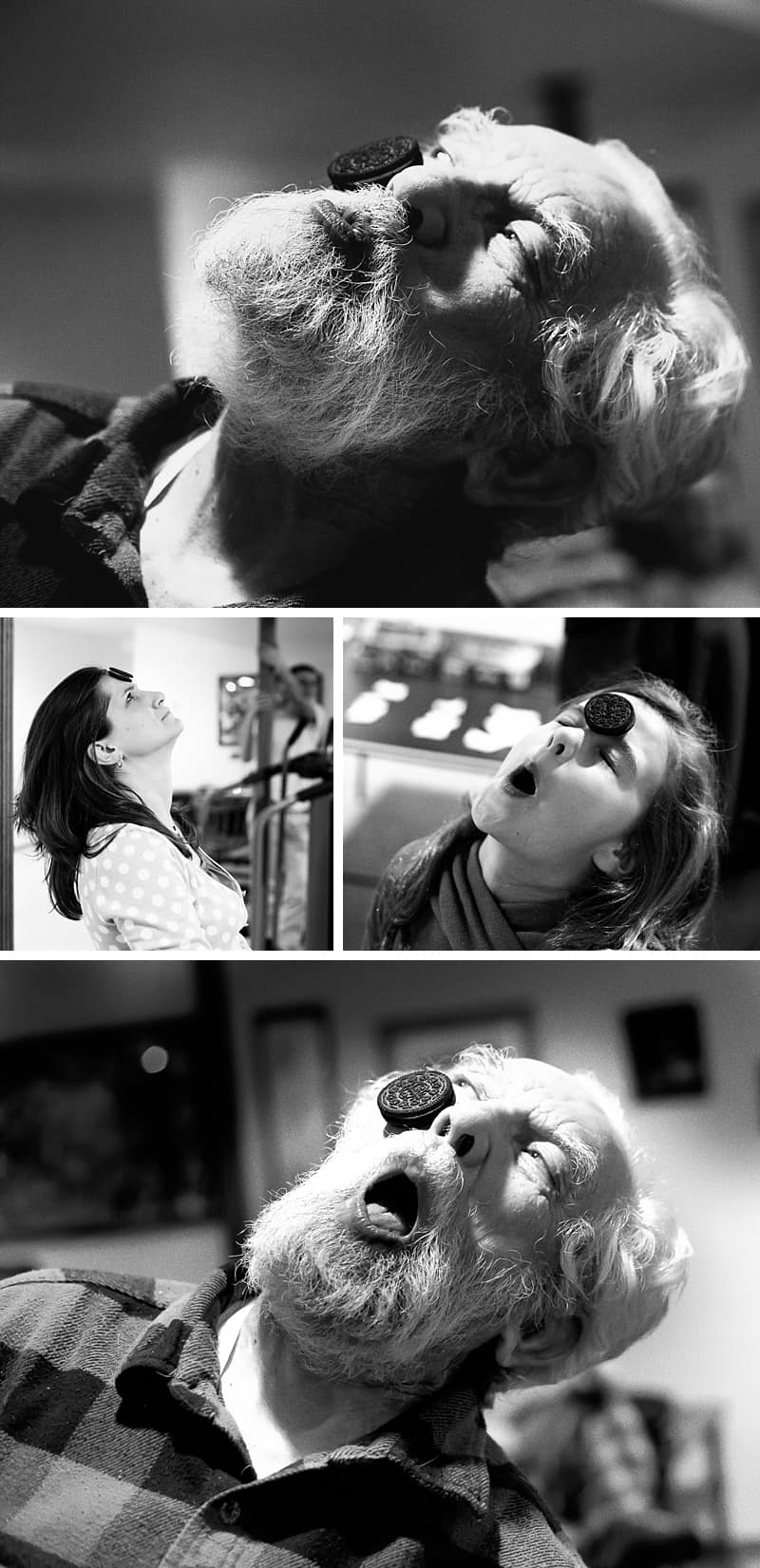 A collage of family members doing a family Christmas Game, the Christmas Cookie Challenge. They're trying to move a cookie from your forehead to your mouth using their facial muscles — no hands allowed!