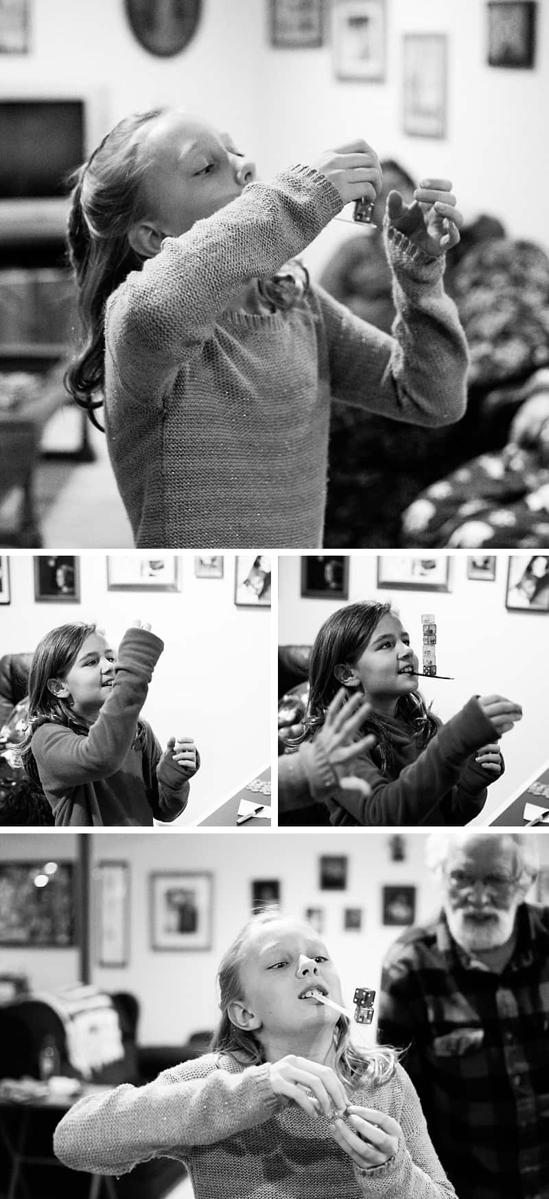 A collage of family members doing a family Christmas Game, Sugar, Spice & Everything Nice Challenge. Family members trying to balance six sugar cubes on a Popsicle stick held in their mouth.