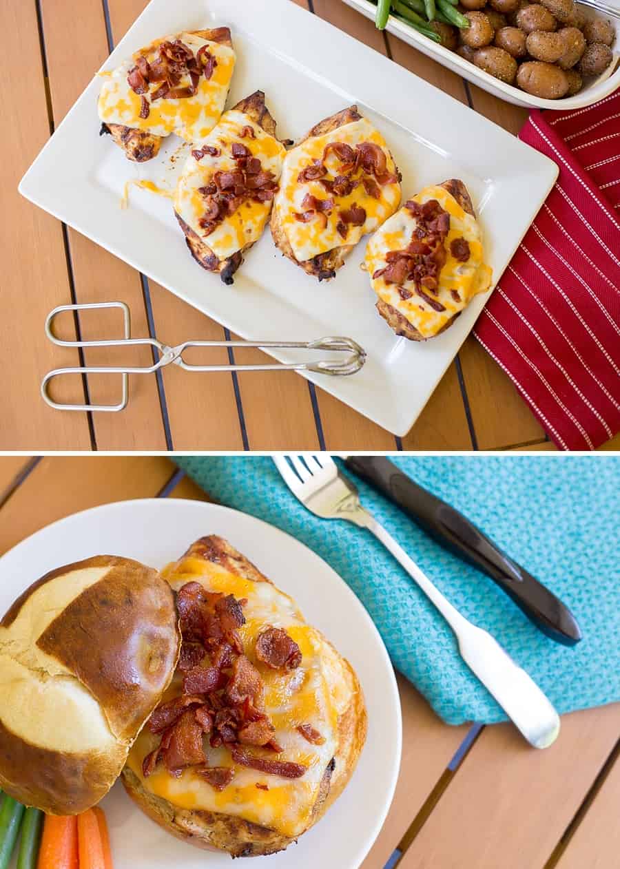 This easy-cheesy grilled Monterey Chicken recipe is THE BEST. BBQ sauce, cheese, and bacon make it a must-try summer cookout staple. *My kids and husband love this sandwich!