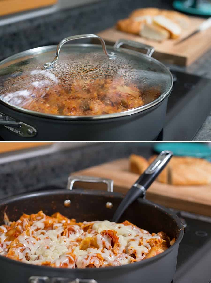 This 20-minute Cheesy Skillet Lasagna Recipe is simple to make on the stovetop. It has only three ingredients and you can make supper in one pot. *My family loves easy Italian food! This is perfect for a fast weeknight dinner. 