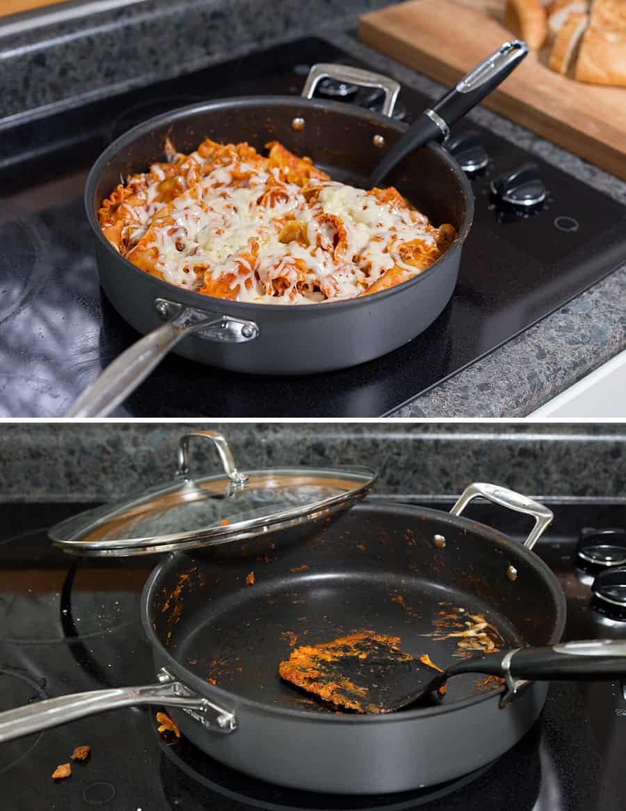 This 20-minute Cheesy Skillet Lasagna Recipe is simple to make on the stovetop. It has only three ingredients and you can make supper in one pot. *My family loves easy Italian food! This is perfect for a fast weeknight dinner. 