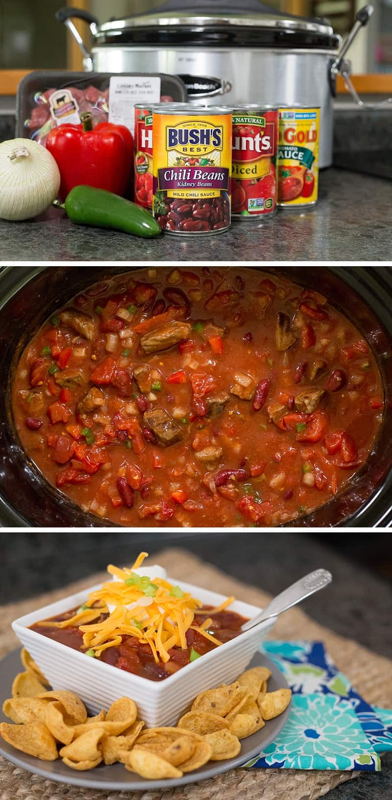 Best chili EVER! This slow cooker recipe is so SIMPLE to make. You can use ground beef, steak or go vegetarian. It is perfect for a quiet evening at home or for hosting a family party. Plus you can freeze leftovers for an easy weeknight dinner on a school night. *This is one of my go-to dinners that the whole family loves. Perfect comfort food.