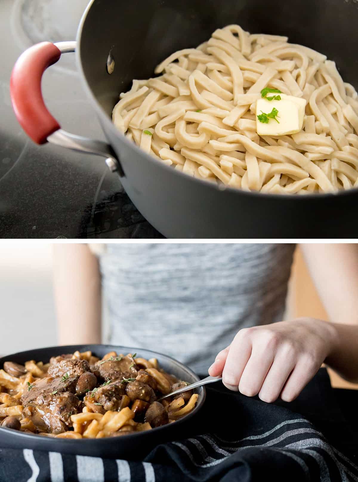 This slow cooker stroganoff is so simple and DELICIOUS, perfect for a chilly day. Just pop it in the crock pot and come home to a delicious family meal. #recipe #homemadegoodness #slowcooker #crockpot *My family loves Beef Stroganoff. These thick egg noodles are the best!