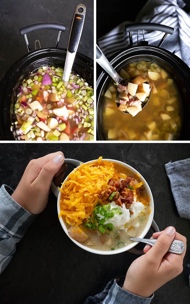 ANYTIME you buy ingredients to make Crock-Pot Potato Soup or any slow cooker meal, be sure to pick up a fresh garnish. Take that monochromatic Crock-Pot meal (that is delicious!) to the next level with some green! #familykitchen #kidscooking #kidchef *Love this idea as well as ALL the loaded baked potato soup fixings!