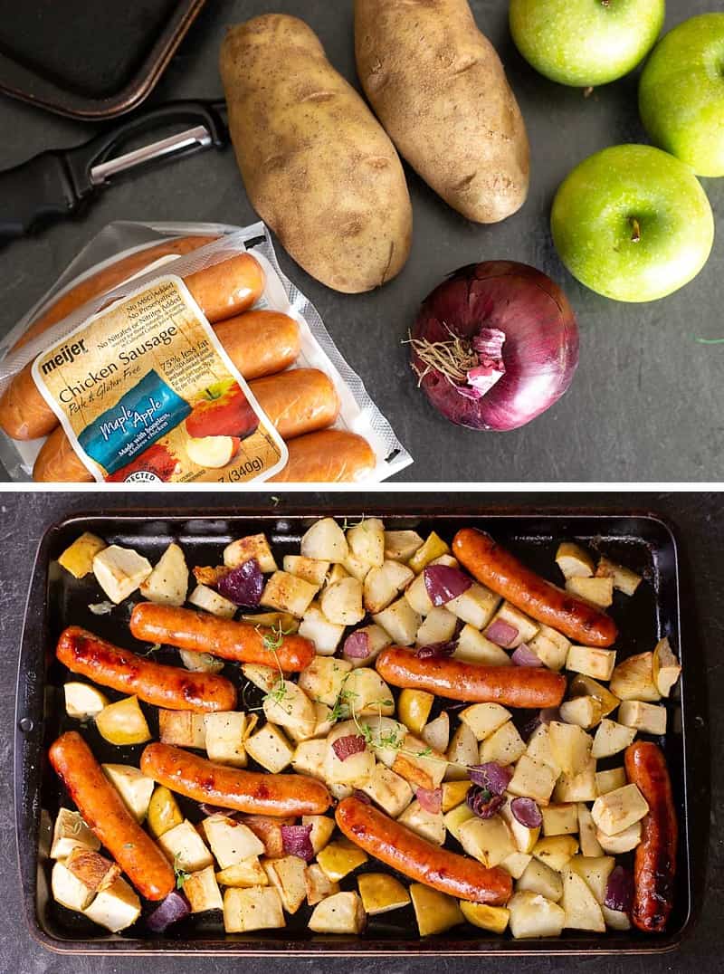 With only five ingredients this oven-roasted sausage and potatoes bake is easy, simple, and delicious. Perfect for a school-night family dinner. Chicken sausage and apples give this classic a delicious fall spin. #dinner #recipe #onepotmeal *My kids love this recipe (minus the suggested dollop of mustard!!!!)