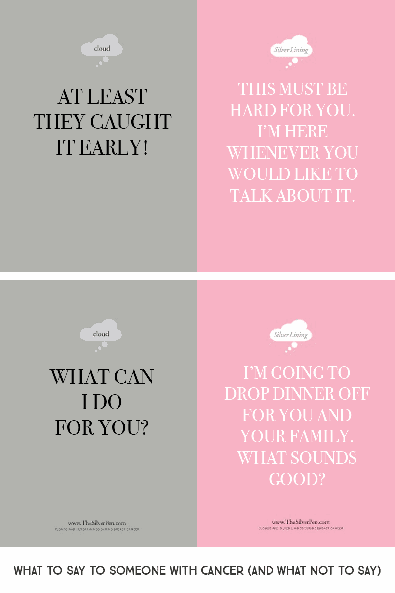 Real-life examples of what to say to someone with cancer (and what not to say) - Knowing what to say to someone who has cancer can be challenging. If we are not careful with our words, we can end up being more hurtful than comforting. Words matter. #breastcancer #cancer *This post was so helpful