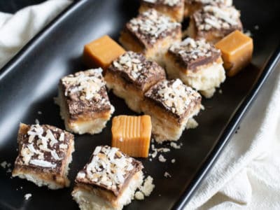Love this chocolate coconut bar recipe! And the quick tips for cutting cookie bars into bite-sized mini desserts. *Love this collection of recipes