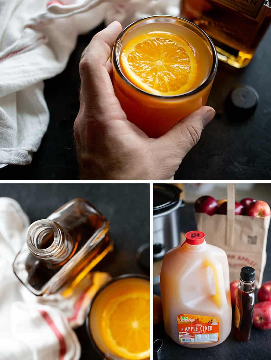 Man holding an Apple Cider Whiskey in a cocktail glass. Plus, images of the ingredients for this Apple Cider Whiskey Cocktail recipe include fresh apple cider, orange slices, and whiskey or bourbon.