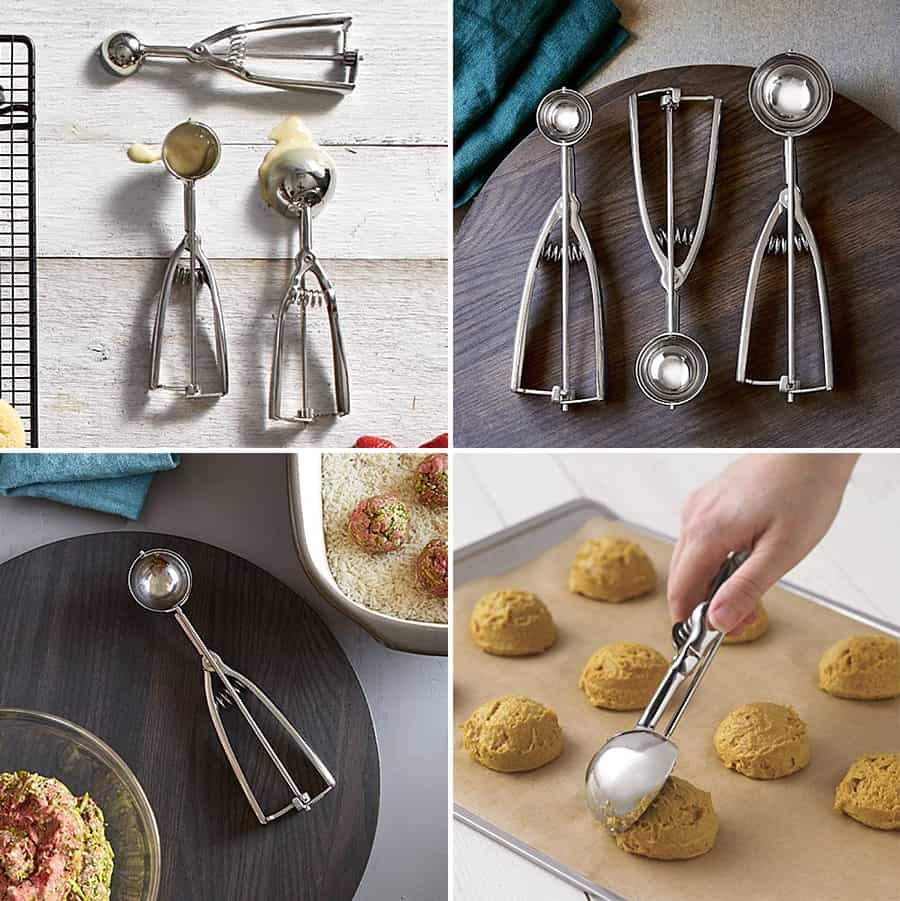 A collage of Pampered Chef products mostly showcasing different sized kitchen scoops.