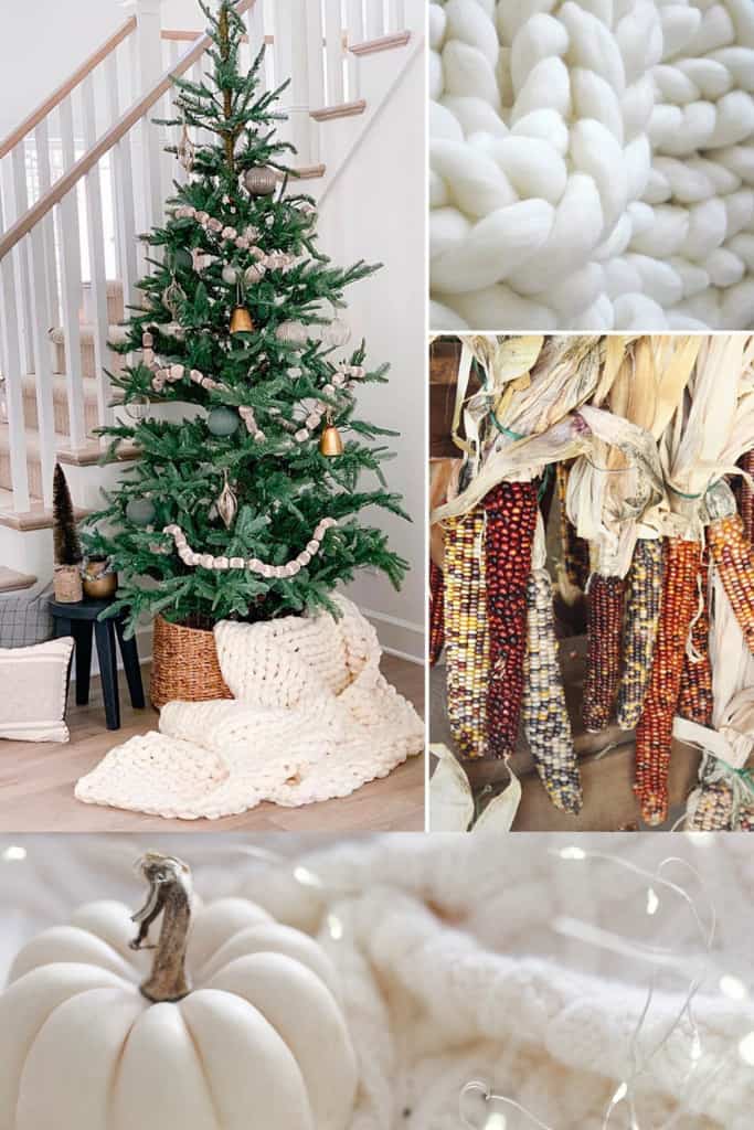 A collage of Thanksgiving Christmas tree ideas including a blanket wrapped around the base of a tree, neutral Christmas tree decorations, and classic Indian corn