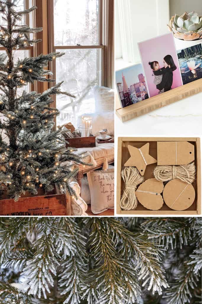 A collage of three images: a Thanksgiving Christmas tree ideas with twinkle lights, a set of Instagram pictures in a wood frame, and a box of craft tags with twine.