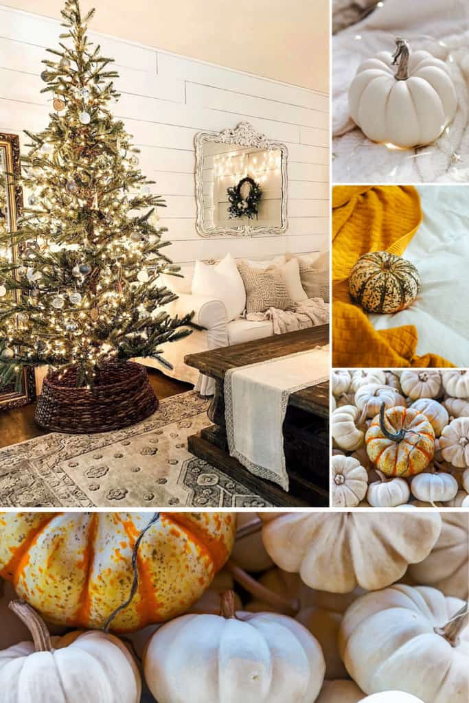 A rustic neutral Thanksgiving Christmas tree in a collage with white pumpkins and cozy blankets.