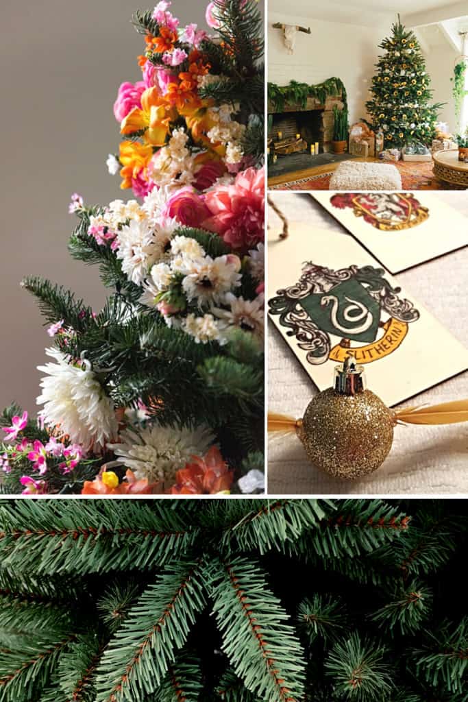 A collage of unique Christmas tree ideas including a tree with fresh flowers, a sunflower Christmas tree and a Harry Potter styled tree.