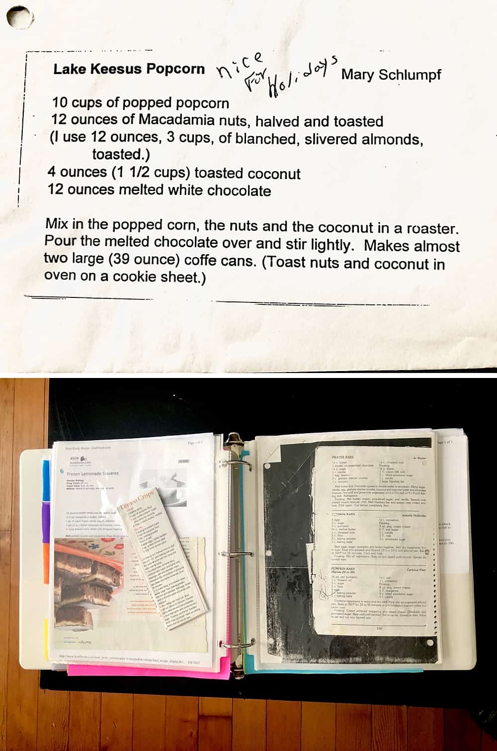 A collage featuring two images: an old photocopied recipe for white chocolate popcorn and a binder filled with old recipes.