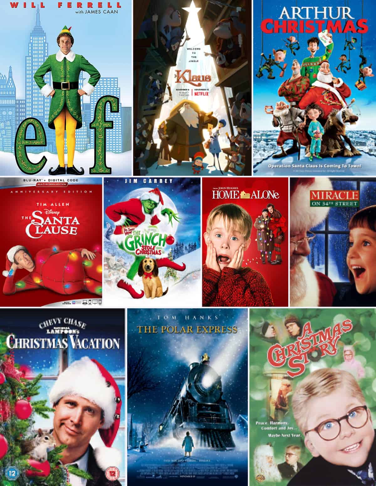 A collage of the best family Christmas movies, including: Elf, Klaus, Arthur Christmas, Home Alone and more. 