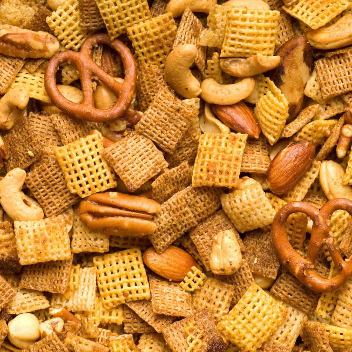 Homemade Chex Mix for game night with pretzels and nuts.