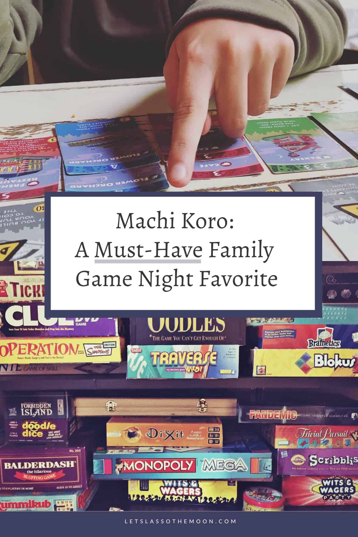 A collage of photos of the game Machi Koro with the article headline for bookmarking this review on Pinterst.