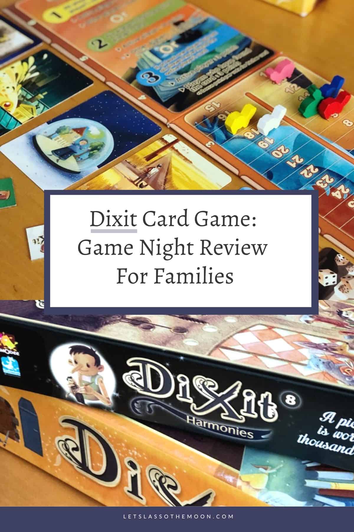 A collage with the post headline and images of the Dixit game set-up for play.