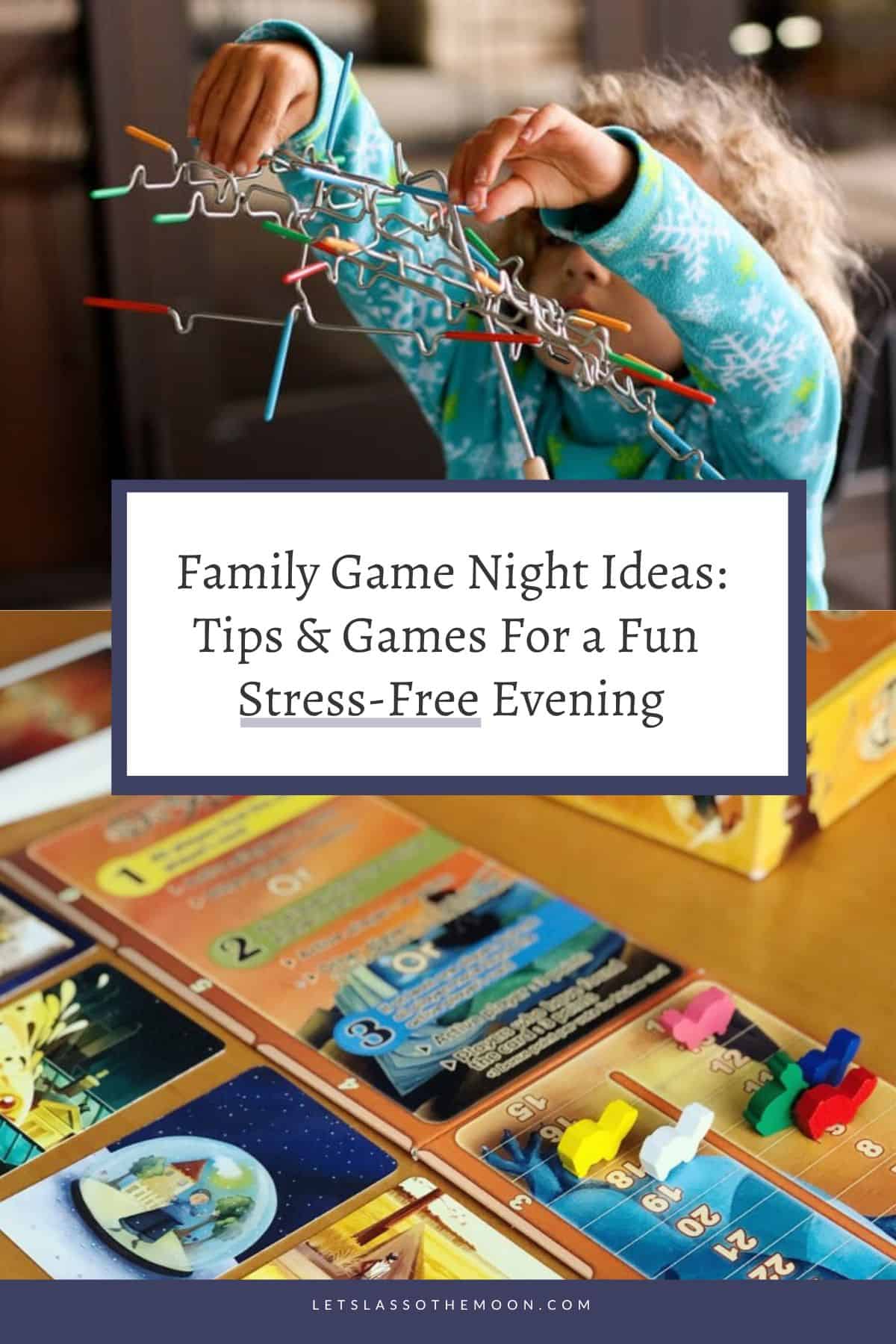 A collage of a young girl playing a game, the board game Dixit set-up for game night, and the article headline to pin for easy Pinterst reference.