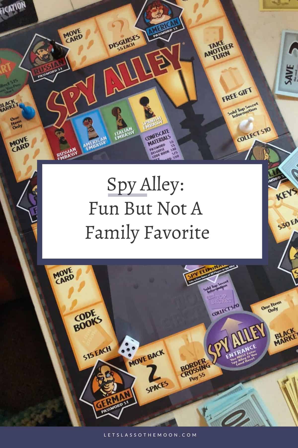 A collage of images of the Spy Alley board game with the article headline for Pinterest.