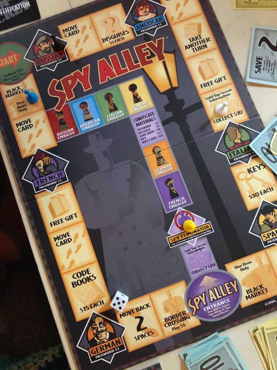 The Spy Alley board game set-up and ready to play for family game night.
