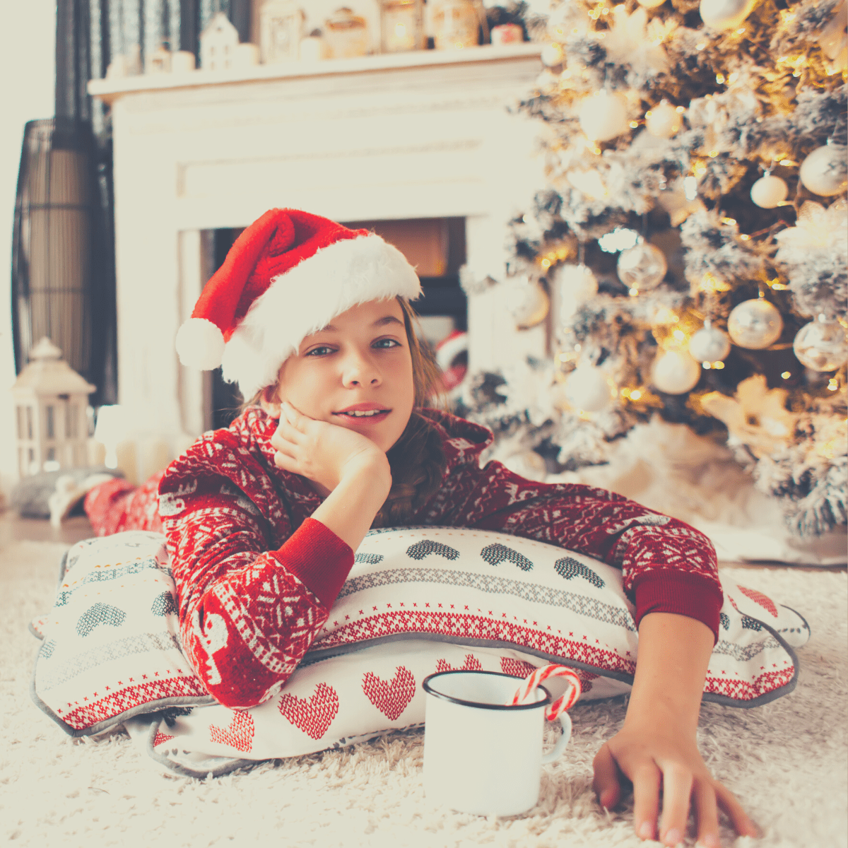 A teen laying in front of a tree wearing a Santa hat and drinking hot cocoa while playing Would You Rather Christmas with her family.