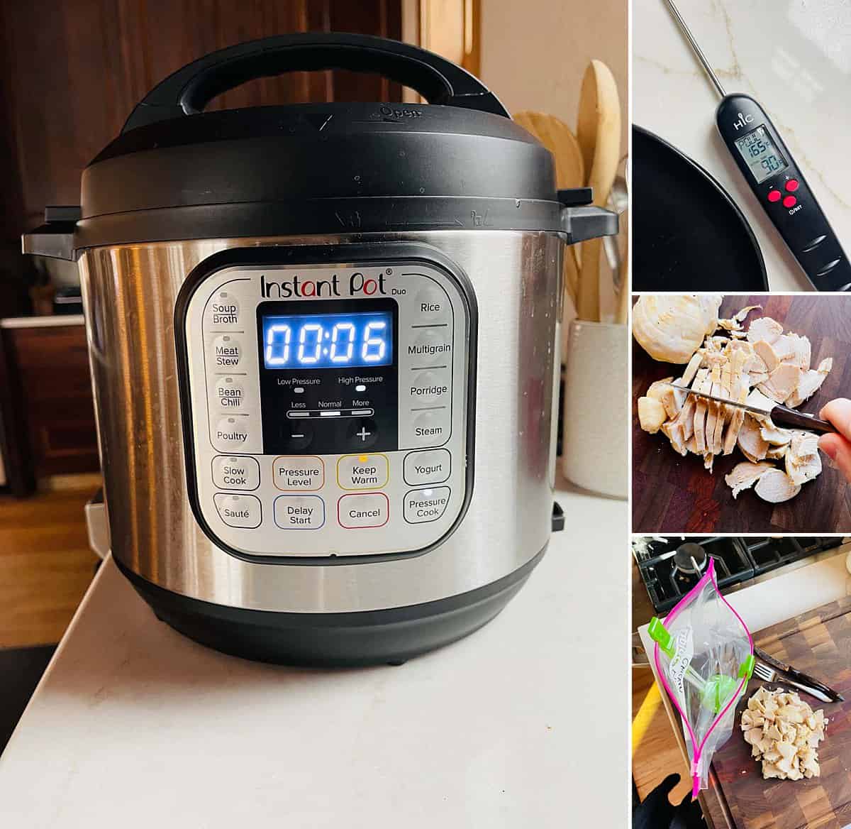 A collage of steps required for cooking chicken to freeze; including a six minute Instant Pot timer, a meat thermometer at 165 degrees, and cooked chicken breast being cut and place in a freezer bag.